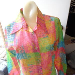 Vtg 60s 70s Golden Rose PASTEL ls SHEER Pink Green Blue Blouse 36 Hong Kong FLAW